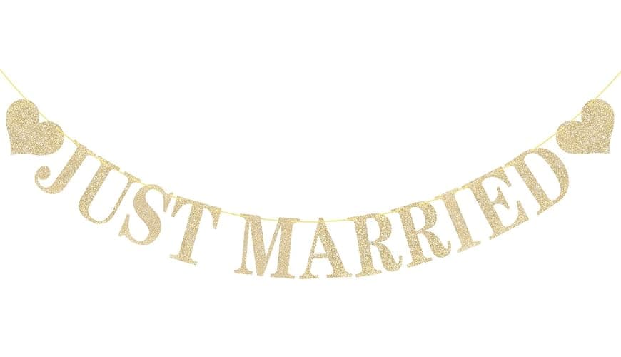 Pre-Strung Just Married Banner NO DIY Just Married Sign Gold Glitter Wedding Banner for Just Married Wedding Reception Ceremony Party and Car Decorations - Image 1