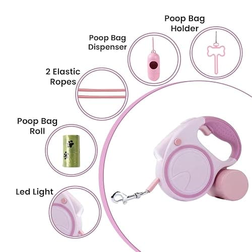 Best Dog Supplies | Pink Retractable Dog Leash with Light, Poop Bag Dispenser, Poop Bag Holder, 2 Elastic Ropes | Set of 4 thumbnail 2