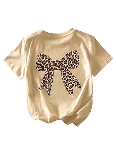 RoseSeek Girl's Bow Leopard Graphic Tees Short Sleeve Preppy Summer T Shirt Aesthetic Baggy Tops thumbnail 3