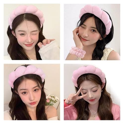 Spa Headbands for Washing Face Wristband Set Sponge Makeup Skincare Headband Wrist Towels Bubble Soft Terry Towel Cloth Hairband for Women Puffy Headwear Non Slip Thick Thin Hair Headwear (Light pink) thumbnail 4