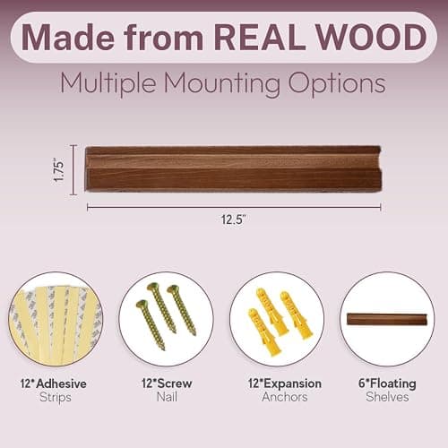 Vinyl Wall Mount Pack of 6 Pinewood Vinyl Record Holder Wall Mount with 2 Mounting Options Vinyl Shelf Walnut Stain Finish Vinyl Record Display - Vinyl Record Shelf - Vinyl Record Wall Mount thumbnail 2