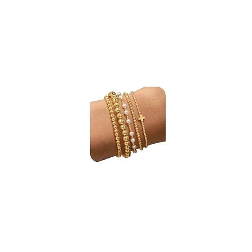 Yoosteel Easter Gifts Basket Stuffers Easter Gold Bracelet - 14k Gold Plated Beaded Bracelets Set for Women Dainty Round Bead Ball Pearl Cross Bracelet Stack for Women Teenage Girl Jewelry - Image 1