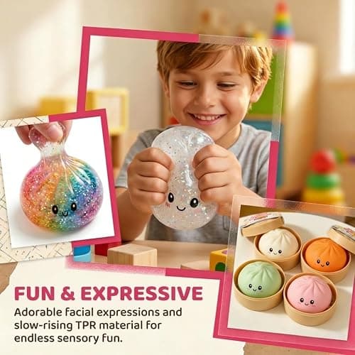 Dumpling Squeeze Toys, Glitter Dumpling Squeeze Toy with Steamer Box, Soft Dough Dumpling Stress Ball, Sensory Mystery Gifts for Kids & Adults, Classroom Prizes & Party Favors (A-Blue) thumbnail 5