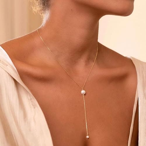 PRTGL Pearl Necklace: 14K Gold-Plated/White Gold-plated Pearl Necklace for Women 16.5” + 2” thumbnail 3
