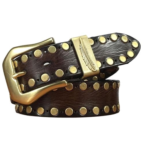 YJSG Studded Belt Men, Adjustable Leather Rivet Punk Casual Cowhide Belt for Men with Brass Metal Pin Buckle,Brown,105CM/41.3'' - Image 1