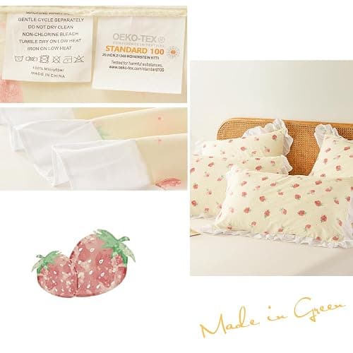 Sedefen Bettwäsche 135x200 cm mit Rüschen Creme Rosa Erdbeeren Wendebettwäsche aus Mikrofaser,ÖkoTex Zertifiziert & für Allergiker Geeignet,1 Bettbezügen & 1 Kissenbezügen 80x80 thumbnail 5