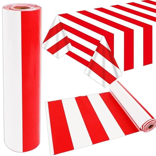 100Ft Long Tablecloth Roll Red and White Striped Tablecloth Carnival Circus Tent Party Supplies Halloween Christmas Plastic Picnic Table Cover for Birthday Party Circus Backdrop Banner Decoration - Image 1