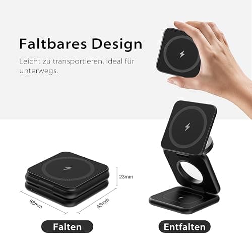 KU XIU X40 Induktive Ladestation 3 in 1 – Magnetisches Kabelloses Ladegerät, Faltbares Reiseladegerät für iPhone Serie 17–12/Air, 5W für iWatch Serie 11–4/Ultra/SE und Kabellose Kopfhörer – Schwarz thumbnail 2