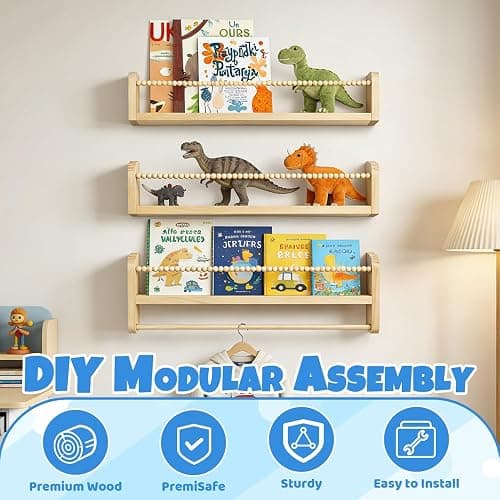 Nursery Shelves, ADDLIVE Floating Book Shelves, 40cm Kids Bookshelf, Wall Mounted Bookshelves Set of 3, Nursery Decor, Book Shelves for Wall With Hanging Rail for Kids Room, Bedroom, Bathroom and More thumbnail 4