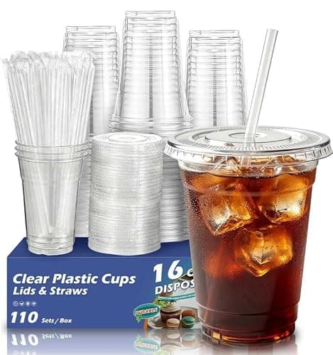 Voatree 110 Pack 16 oz Disposable Clear Plastic Cups with Lids and Straws | To Go,BPA-Free,Heavy Duty,Leak-Resistant,for Iced Coffee,Cold Drink,Smoothie,Matcha,Juice,Dirty Soda,Party,Medium Size,Bulk - Image 1