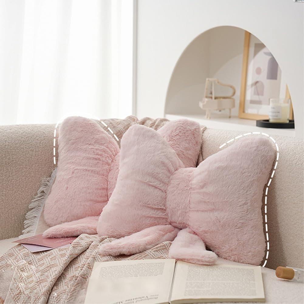 2Pack Soft Furry Bow Throw Pillows Cute Bowknot Plush Pillow Home Decor Stuffed Bow Lumbar Pillow for Bed Couch Living Room Decor (Pink) - Image 1