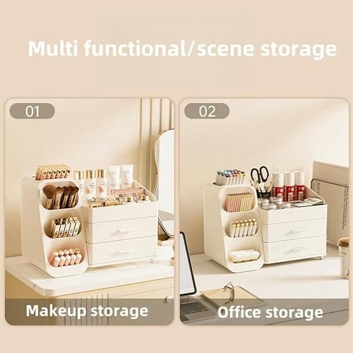 KQJS Makeup Organizer with Drawers,Large Capacity Countertop Organizer for Vanity,Bathroom and Bedroom Desk Cosmetics Organizer,Easy To Storage Skincare,Brushes,Lotions,Lipstick (All Cream) thumbnail 6