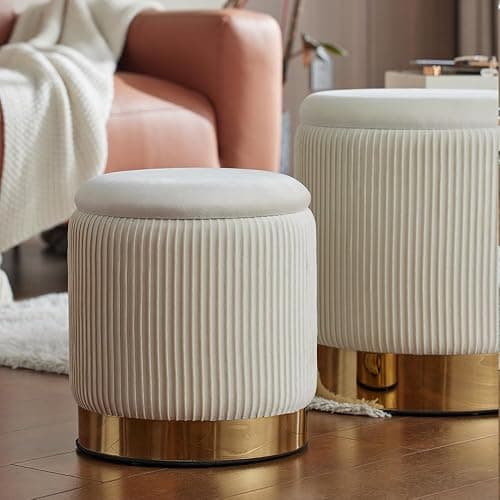 YYW HOME Round Ottoman with Storage Set of 2 Vanity Stool Foot Rest with Removable Lid White Velvet Storage Ottoman Stool for Living Room and Dorm thumbnail 5