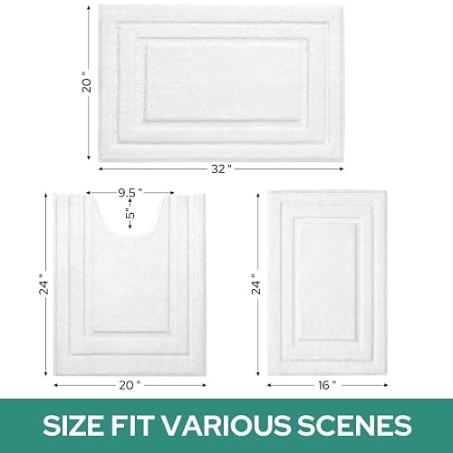 HOMEIDEAS Bathroom Rugs Sets 3 Piece, Super Soft and Absorbent Non Slip Microfiber Toilet Bath Mat with U-Shaped (White) - Loop- White thumbnail 2