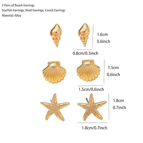Gold Starfish Shell Earrings for Women Set 3 Pairs Summer Beach Vacation Earrings for Women Ocean Jewelry thumbnail 4