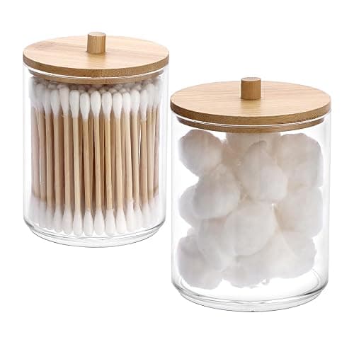 SUMTree 2 Pcs 10 Ounce Plastic Cotton Swab Holder with Bamboo Lids | Acrylic Cotton Bud Qtip Holder Dispenser Bathroom Jar Canister for Bathroom Accessories for Bathroom, Vanity, Dressing Table - Image 1