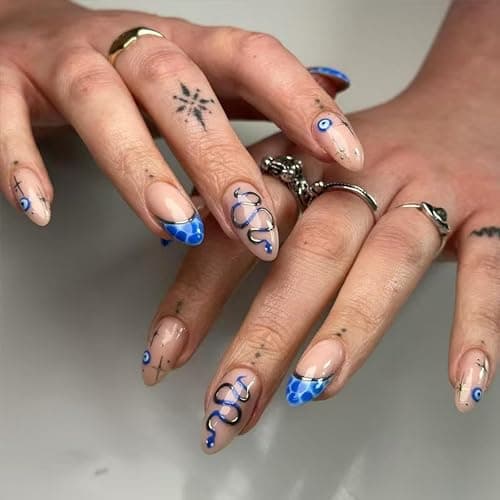 Snake Press On Nails - Medium Almond Blue French Tip False Nails with Silver Line Design, 24pcs - Style08 - 24 Fl Oz (Pack of 1) thumbnail 8
