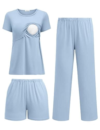 Ekouaer 3 Piece Postpartum Nursing Pajamas Set Short Sleeve Breastfeeding Shirts Pregnancy Shorts & Pants Maternity Pjs - Image 1