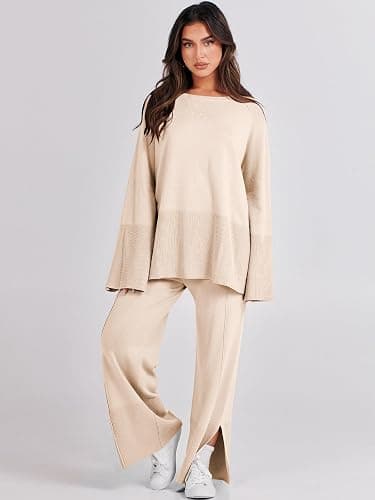 ANRABESS Womens 2 Piece Outfits Oversized Knit Sweater Set Wide Leg Pant Cozy Lounge Matching Pajama Sets 2025 Trendy Clothes thumbnail 7