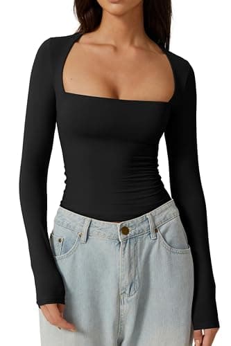 QINSEN Women's Sexy Square Neck Shirt Long Sleeve Double Lined Tees Fitted Going Out Tops - Image 1