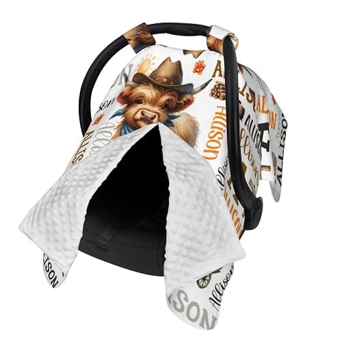 Personalized Baby Western Highland Cow Car Seat Canopy for Babies,Custom Name Car Seat Covers for Boys Girls,Universal Fit for Infant & Toddler & Newborn Breathable Multi-Use Stroller Cover All-Season thumbnail 3