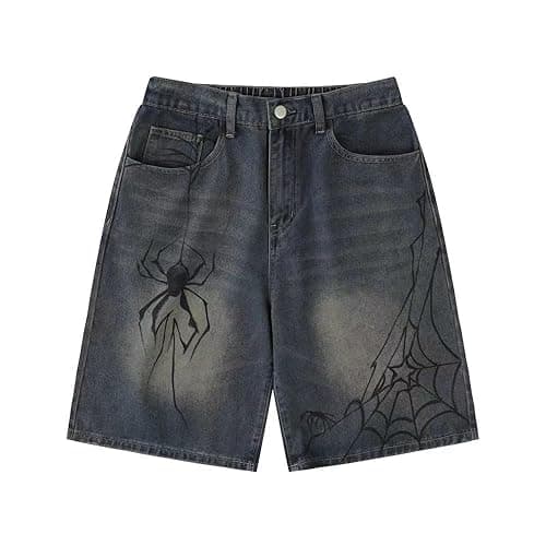 POHADON Y2K Blue Denim Shorts Summer Casual Loose Straight Leg Unisex Baggy Jeans Shorts Jorts Grunge Harajuku Streetwear - Small - Spider thumbnail 7