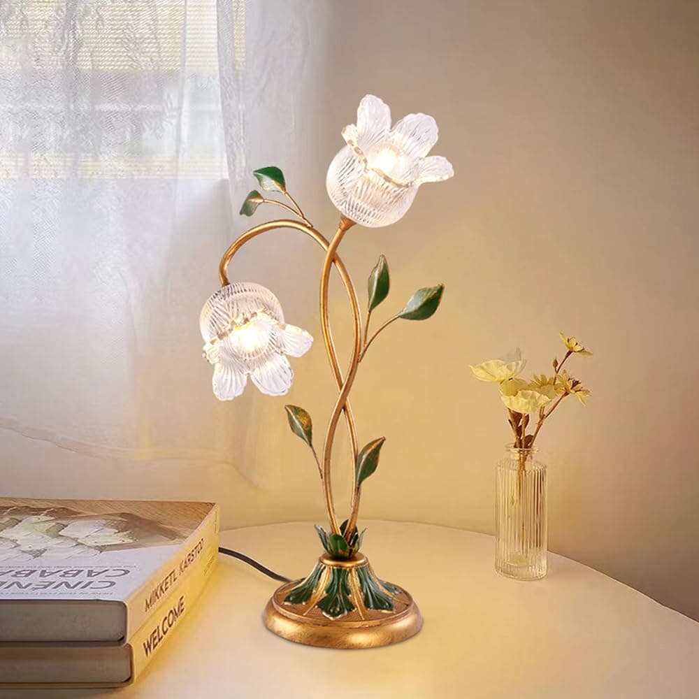 Vintage Pastoral Style Flower Table Lamp for Home, Flowers Art Design Bedside Lamps Metal Nightstand Lamp with Glass Shade for Bedroom, Living Room, Office thumbnail 2