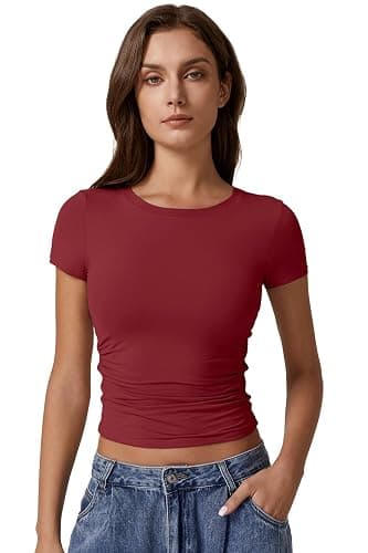 QINSEN Short Sleeve Shirts for Women Round Neck Basic Double Lined Tees Fitted Y2k Crop Tops thumbnail 5