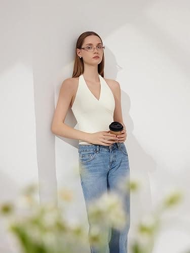 SUUKSESS Women Halter Backless Tank Tops with Built in Bra Double Lined V Neck Y2k Going Out Tops thumbnail 3