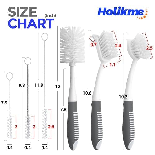 Holikme 6 Pack Dish Brush Set with Bottle Brush, Dish Scrub Brush, Pan Brush and 3 Straw Brushes, Deep Cleaning Handle Brush with Scraper Tip for Kitchen Sink Dishes Bottle Cup Pot and Pans (Gray) thumbnail 2