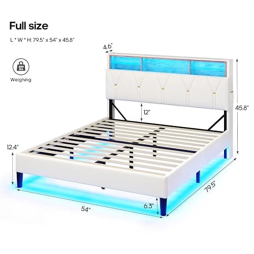 LED Full Bed Frame with Type-C & USB Charging Station, Full Size Bed Frame with Storage Headboard, Modern Velvet Upholstered Platform Bed with Shelf Headboard, Noise-Free, Creamy White thumbnail 2