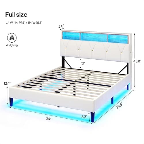 LED Full Bed Frame with Type-C & USB Charging Station, Full Size Bed Frame with Storage Headboard, Modern Velvet Upholstered Platform Bed with Shelf Headboard, Noise-Free, Creamy White thumbnail 3