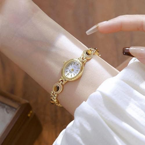 FANMIS Gold Tone Watches for Women with Small Vintage Bracelet Elegant Jade Oval Dial Dress Watch Fashion Quartz Wrist Watch Waterproof Watch thumbnail 3