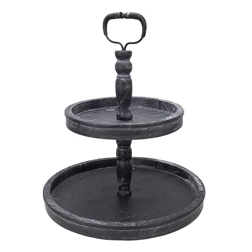 Vipush Farmhouse Two Tiered Tray,Distressed Wood Two Tier Tray,Decorative Rustic Wooden 2 Tier Serving Tray Cake Stand for Kitchen and Seasonal Decor,Black - Image 1
