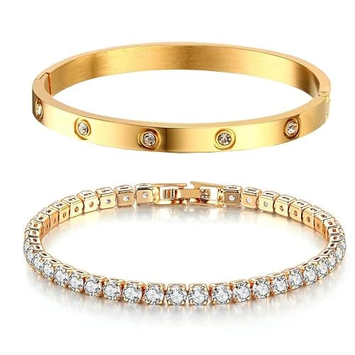 NTRUXZP Tennisarmband Damen Zirkonia Armreif : 2Pcs Armband für Frauen Edelstal 6mm Breit 17cm Armbänder Schmuck Geschenk golden für Mama Freund Tochter - Image 1