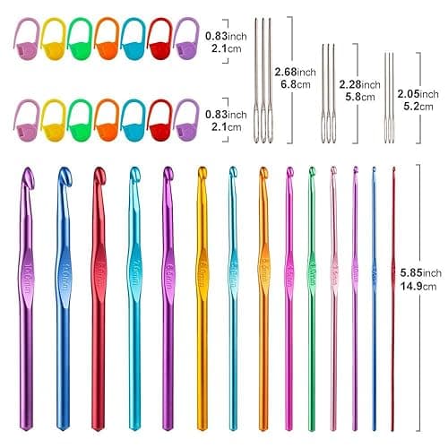 Vodiye 37 PCS Crochet Hooks Set, High Quality Coloured Aluminum Ergonomic Handle Crochet, Hook Needles for Arthritic Hands, with Stitch Markers and Large-Eye Blunt Needles thumbnail 5