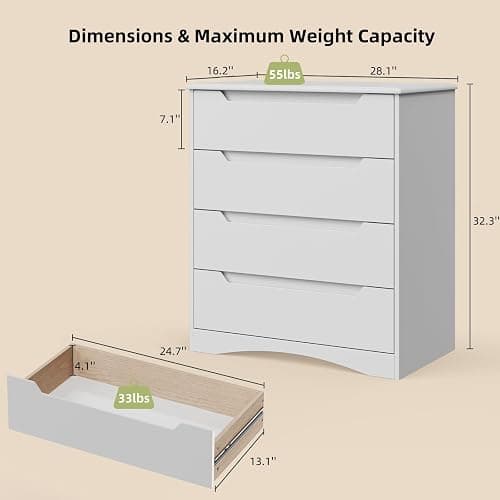 Bealife Dresser for Bedroom, 4 Drawer Dressers Chest of Drawers with Anti-Tripping Device, White Dresser for Closet with Embedded Handles, Closet Chests Organizer for Hallway, Living Room (White) thumbnail 2