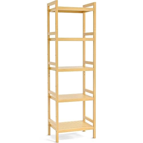 Homykic Bamboo Bookshelf, 5-Tier Narrow 55.9” Adjustable Book Shelf Bookcase Bathroom Shelves Freestanding Storage Stand for Living Room, Bedroom, Kitchen, Rust Resistance, Easy Assembly, Natural thumbnail 8