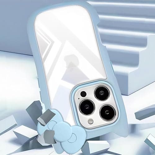 OTTARTAKS Compatible with iPhone 16 Pro Case Cute 3D Bow for Women Girls, Kawii Cat Ear Kitty Design Soft Silicone and Clear Hard Shockproof Blue Phone Case for iPhone 16 Pro 6.3inch thumbnail 5