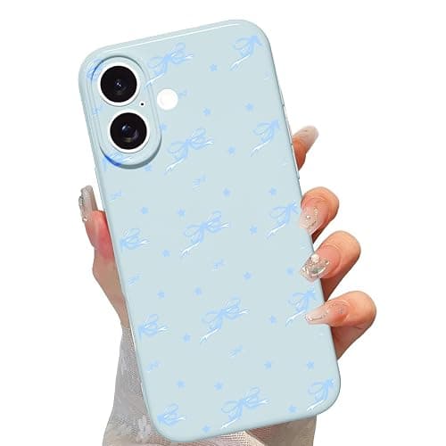 lioscre Cute Bow Phone Case for iPhone 17 6.3", Aesthetic Blue Star Ribbon Bowknot Pattern Print Design Women Girly Case Gloss Raised Camera Protective Cover Soft Slim Silicone Shockproof TPU Funda - Image 1