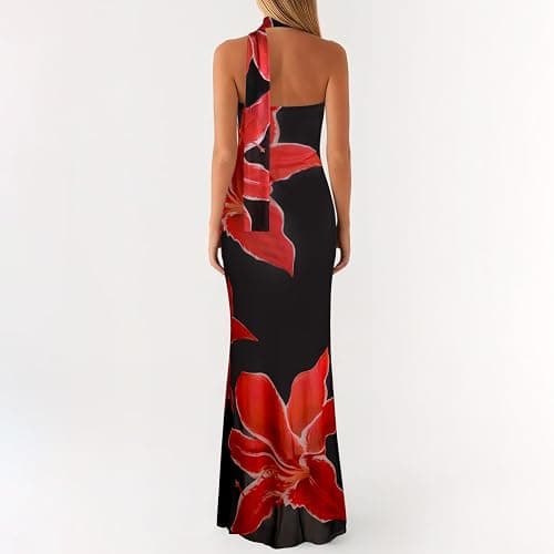 Women Floral Tube Maxi Dress with Scarf Summer Strapless Tube Bodycon Mesh Layer Cocktail Party Wedding Guest Dress thumbnail 3