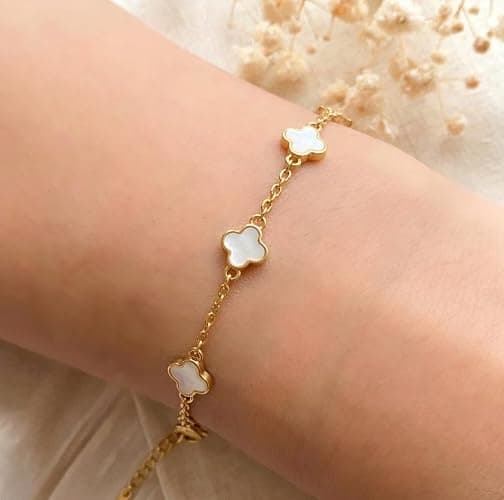 Billet-doux 14K Gold Plated Tiny Clovers Bracelet For Women, Very Small Dainty Gold Plated White/Black/Teal 4-Leaf Clovers Chain Bracelet, Mothers Day Gifts, 2026 Trendy Stackable Gold Jewelry thumbnail 5