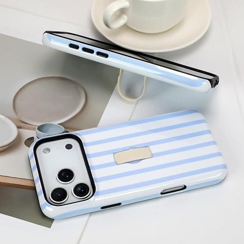 SOKAD Vertical Stripes Phone Case for iPhone 17 Pro Max with Finger Strap Kickstand, Cute Striped Line Pattern for Girls Women, Glossy Shockproof Protective Cover, Light Blue thumbnail 5