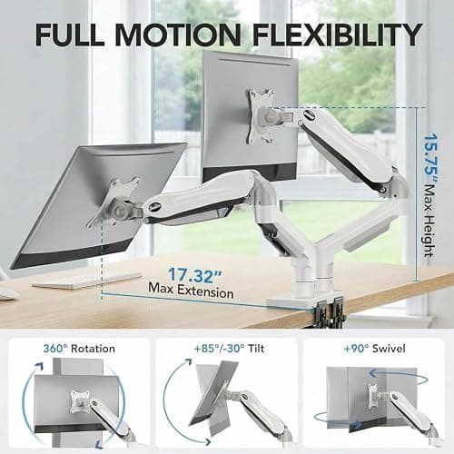 HUANUO Dual Monitor Stand - Full Adjustable Monitor Desk Mount Swivel Vesa Bracket with C Clamp, Grommet Mounting Base for 13 to 32 Inch Computer Screens - Each Arm Holds 4.4 to 19.8lbs - White thumbnail 3