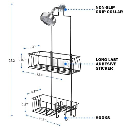 Epicano Shower Caddy Hanging, Anti-Swing Over Head Shower Caddy Rustproof with Hooks for Towels, Sponge and More, Matte Black thumbnail 2