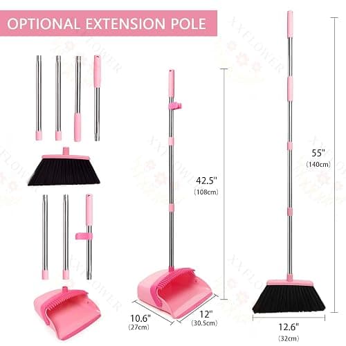 XXFLOWER Broom and Dustpan Set, Dustpans with Broom Combo for Home, Heavy Dust Broom and Dustpan Combo, Long Handle Dust Pan and Broom Set for Kitchen, Office, Pet Hair,Pink, Pack of 1 thumbnail 2