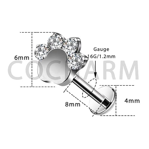 COCHARM G23 Titanium Cartilage Earring Stud for Helix 16g Flat Back Dog Paw Cartilage Piercing Jewelry Front Top Screw Helix Tragus Earrings thumbnail 6