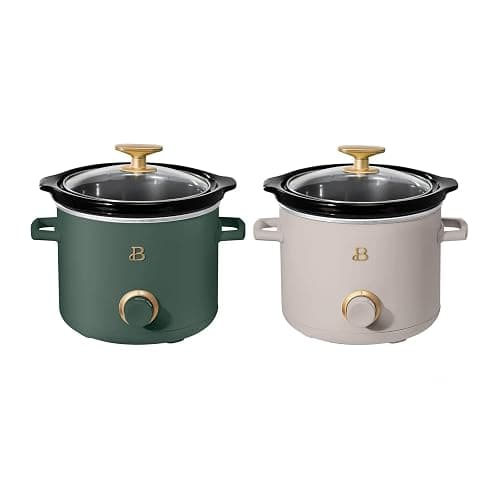 Beautiful 2 Pack Slow Cooker Crock Set- 2 Quart, Thyme Green/Porcini Taupe (120 Watts) with Adjustable Heat settings-Kitchenware by Drew Barrymore - Image 1