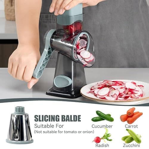KEOUKE Rotary Cheese Grater Hand Crank Transparent - Shredder Slicer Grinder 3 Stainless Steel Blades, Stable Suction, Labor-Saving Handle, Safe Kitchen Tool for Cheese, Vegetable, Nuts, Chocolate thumbnail 3