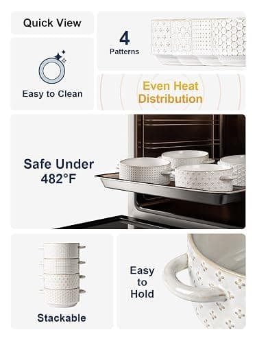 LE TAUCI Soup Bowls with Handles, 20 oz French Onion Soup Crocks, Stackable Soup Bowl Oven Safe for Chili, Beef Stew, Embossment Ceramic Bowl Set - 5.4 Inch, Set of 4, Arctic White thumbnail 4